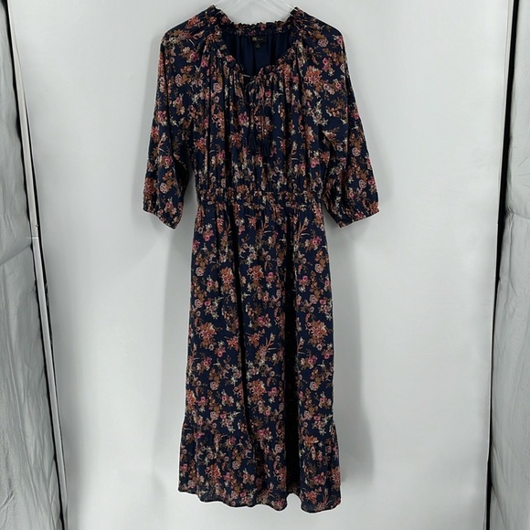 Frye Autumn Bouquet Navy Blue Floral Midi Dress Western Tiered Ruffle Peasant M - Picture 2 of 11